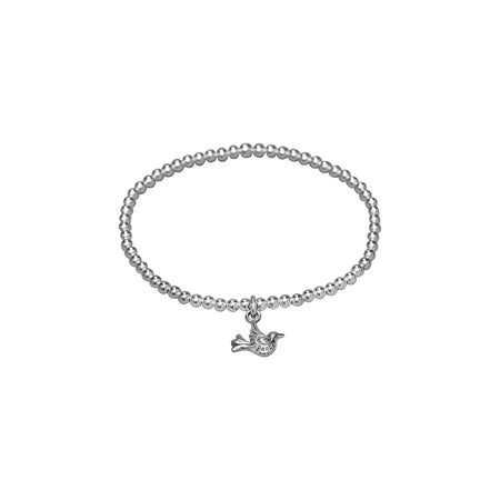 silver 3mm bead bracelet stretchy with a dove charm attached