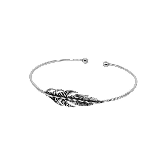 oval torque bangle with a fixed feather silver