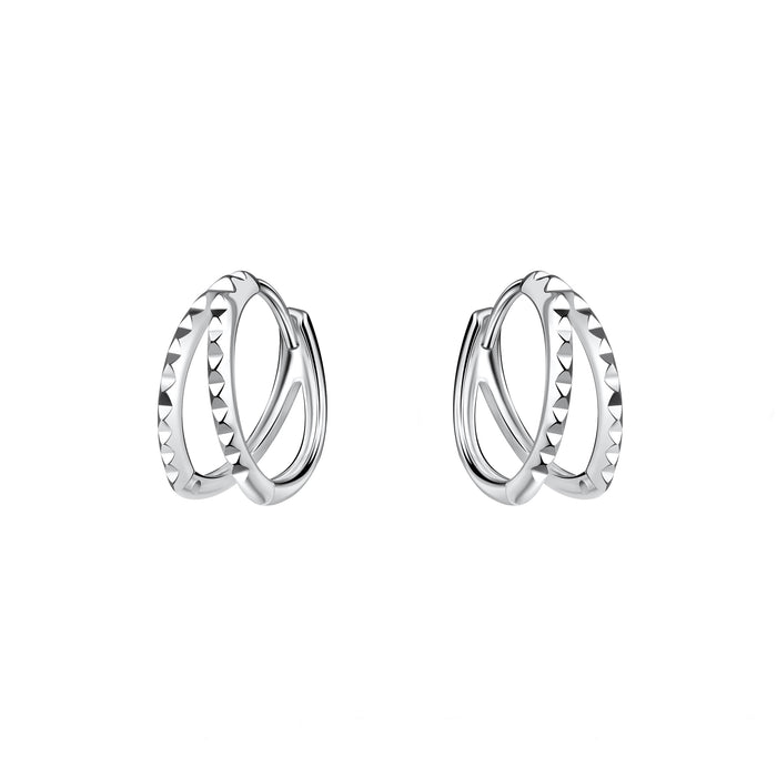 double round hoop diamond cut silver earrings