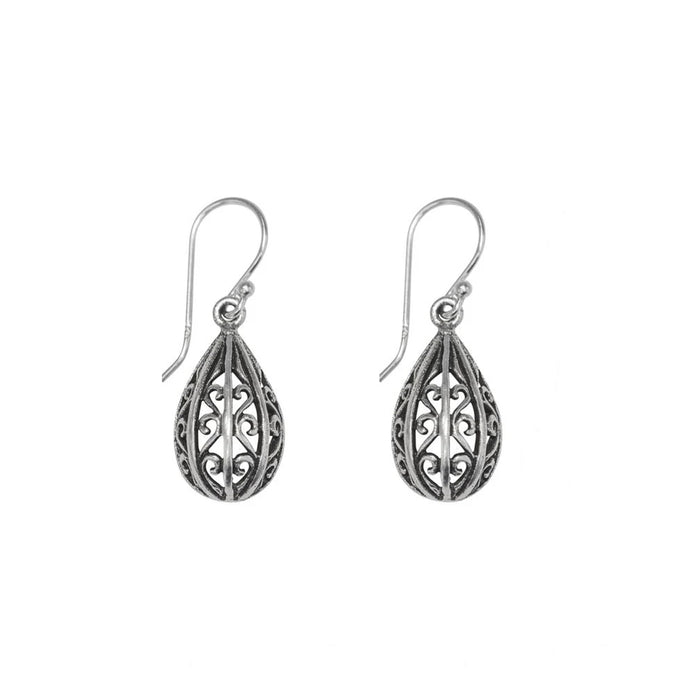 tear shaped filigree drop earrings with hooks in sterling silver