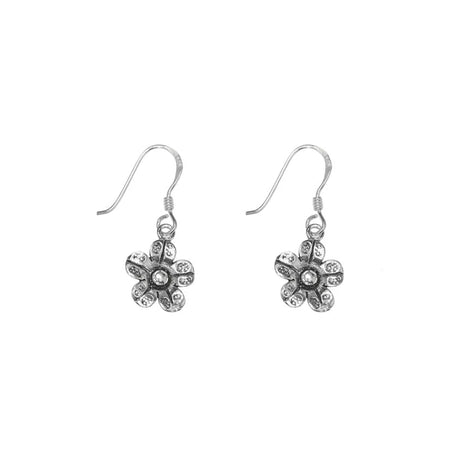 silver flower shaped drop earrings hooks