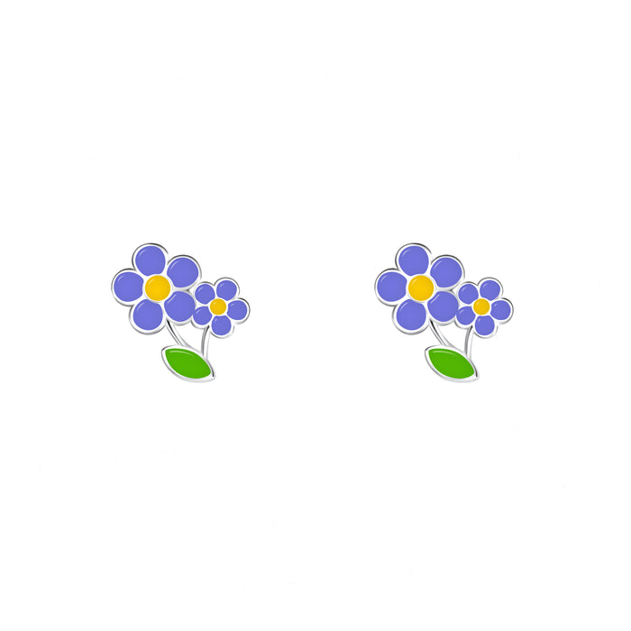 Flower and Leaf Design Stud Earrings in Sterling Silver