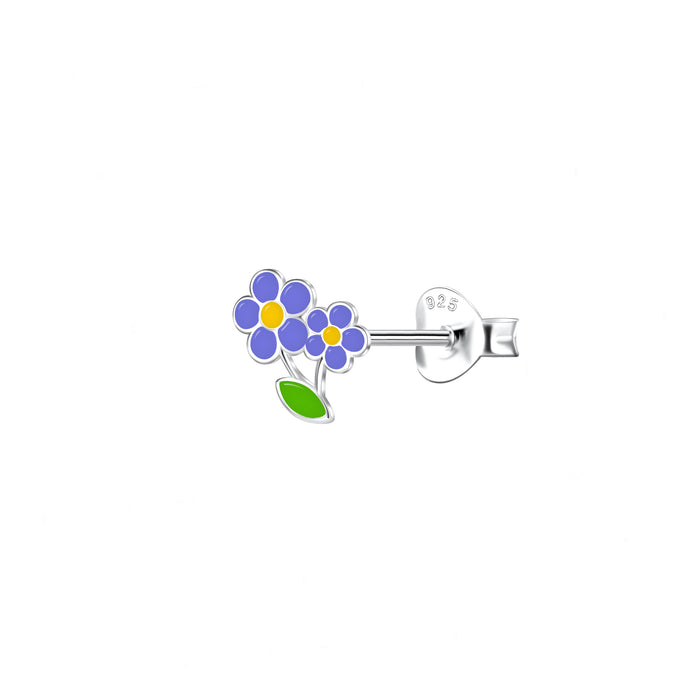 Flower and Leaf Design Stud Earrings in Sterling Silver