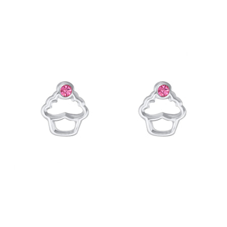 a silver cupcake open cut stud earrings with pink crystal on top