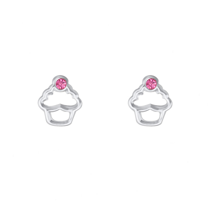 a silver cupcake open cut stud earrings with pink crystal on top