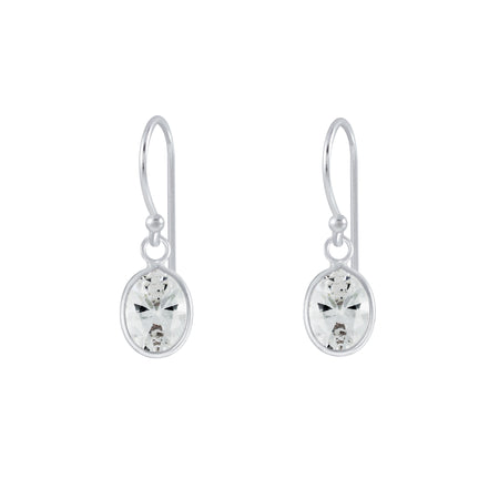 oval rubover set cubic zirconia drop earrings in silver metal with hook fitting