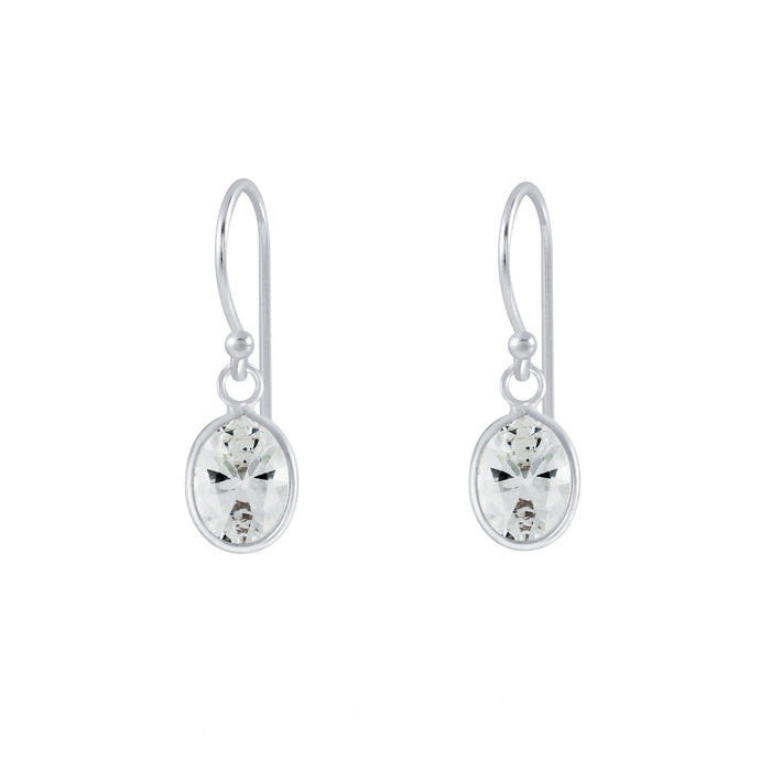 oval rubover set cubic zirconia drop earrings in silver metal with hook fitting