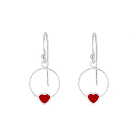 round drop earrings with a red heart beneath a silver hook fitting