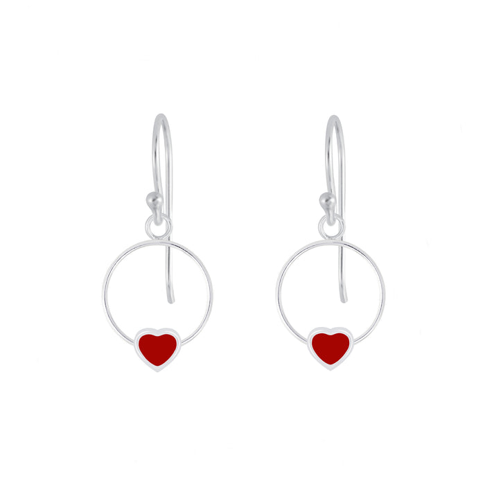 round drop earrings with a red heart beneath a silver hook fitting