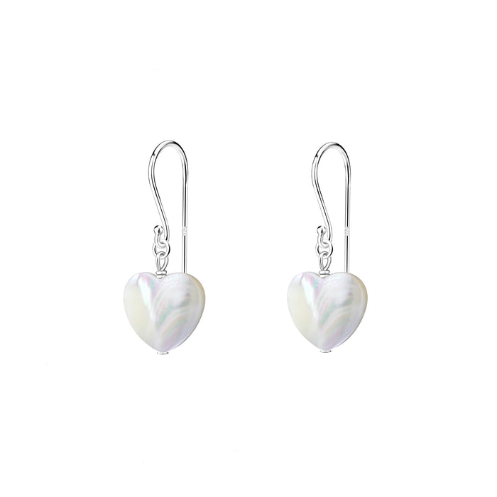 mother of pearl style heart drop earrings with silver hook fittings