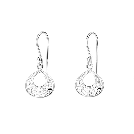 silver drop earrings filigree pattern
