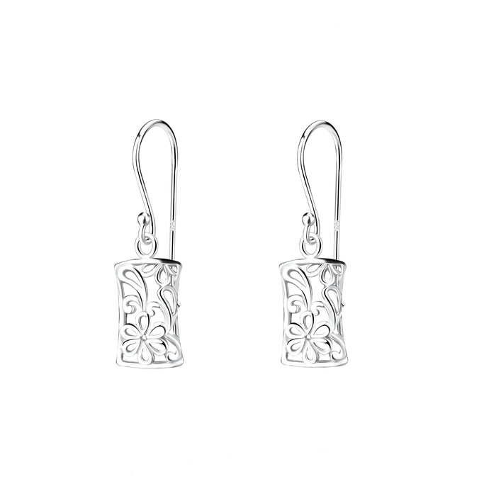 flower rectangular shaped pierced drop earrings made in silver