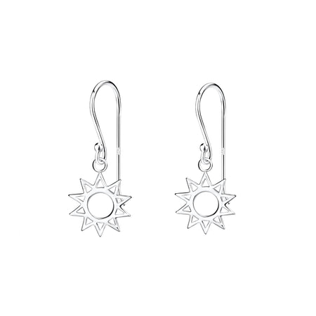 pierced out sun design silver drop earrings