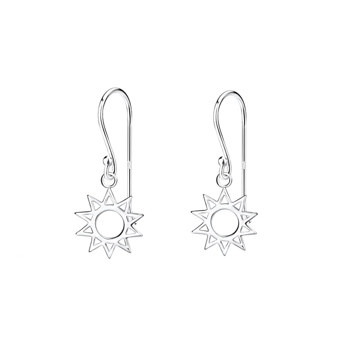 pierced out sun design silver drop earrings