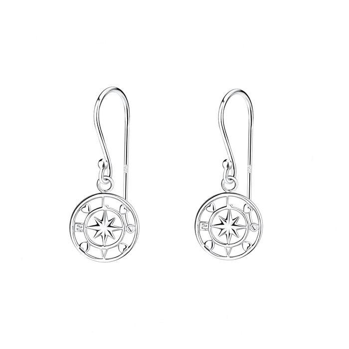 love compass round drop earrings on a hook fitting in sterling silver