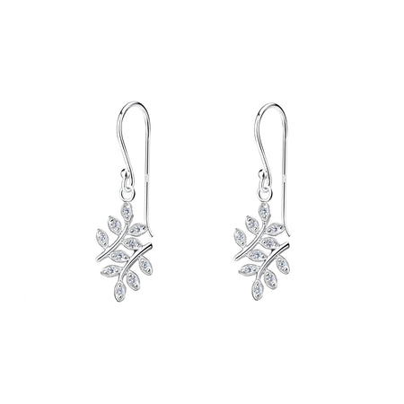 olive leaf cubic zirconia drop earrings in silver with hook fittings