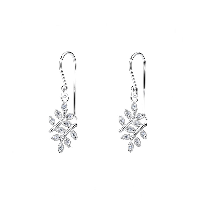 olive leaf cubic zirconia drop earrings in silver with hook fittings