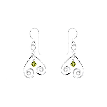 spiral design drop earrings in silver with a green crystal faceted bead