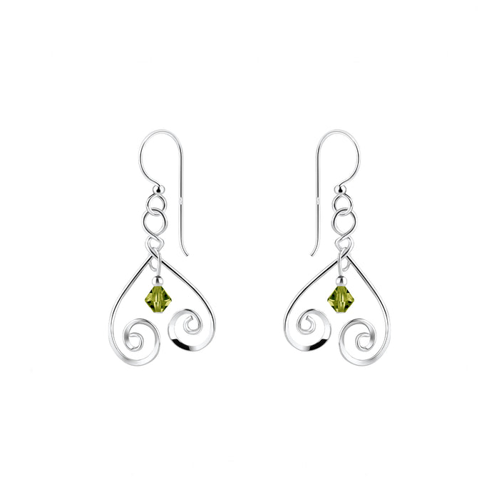 spiral design drop earrings in silver with a green crystal faceted bead