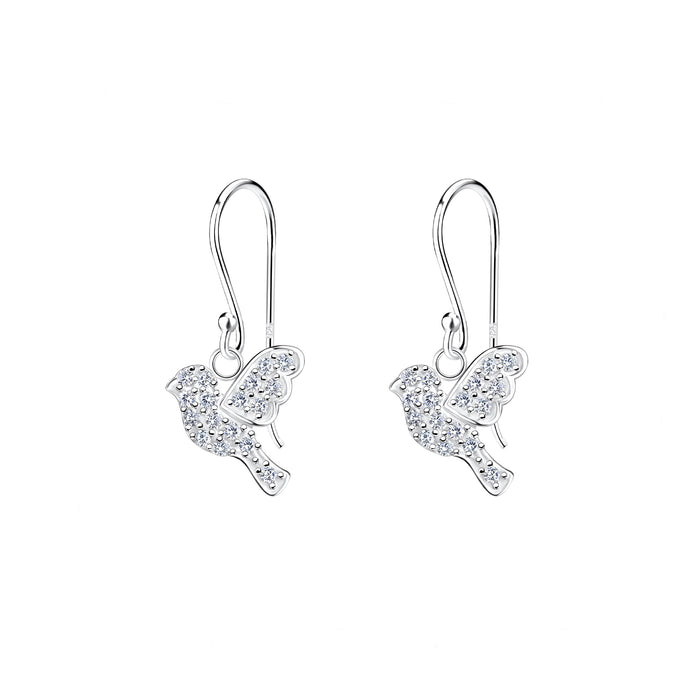 stone set flying bird drop earrings in silver