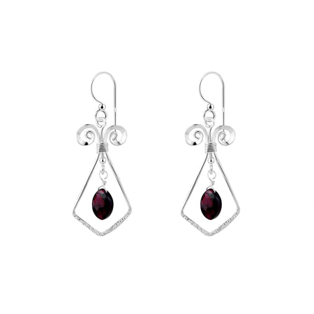 geometric drop earrings in silver with oval garnet stones