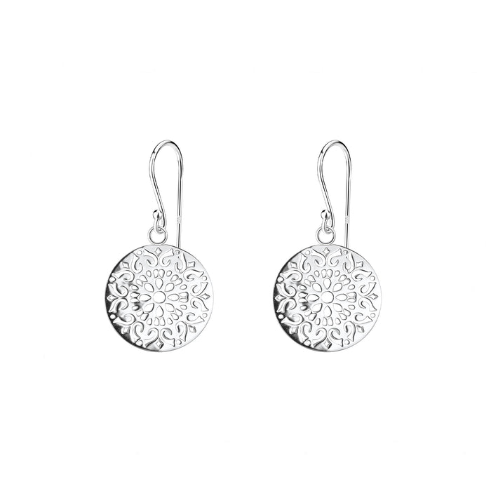 filigree cut out circular silver drop earrings