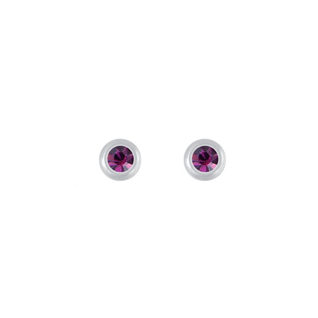 purple crystal round rubover set stud earrings in silver