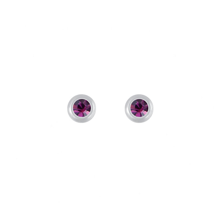 purple crystal round rubover set stud earrings in silver