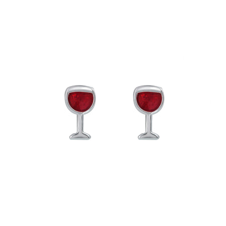 red wine glass stud earrings in silver