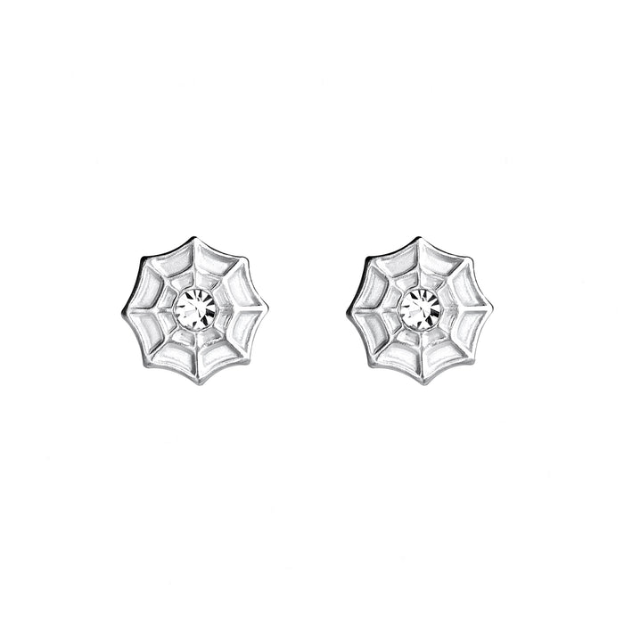 spider web stud earrings in silver with a central white crystal