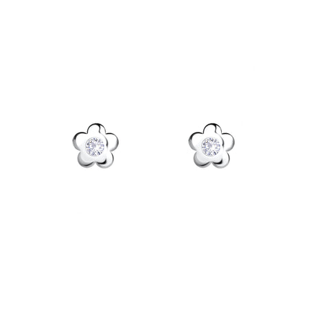 4mm silver flower shaped studs with round white stone in centre