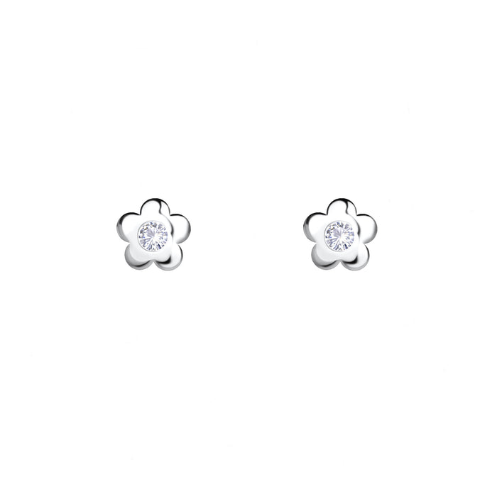 4mm silver flower shaped studs with round white stone in centre