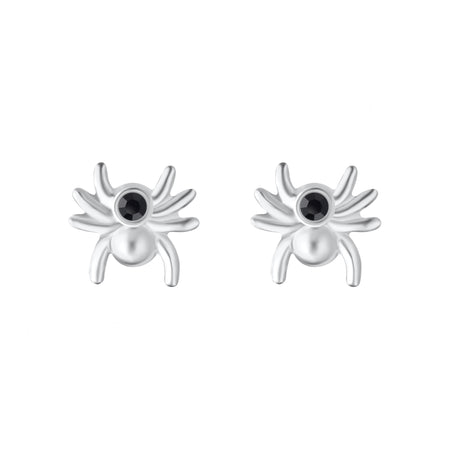 a spider shaped silver stud pair of earrings with a black jet crystal centre