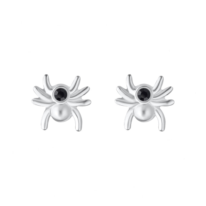 a spider shaped silver stud pair of earrings with a black jet crystal centre