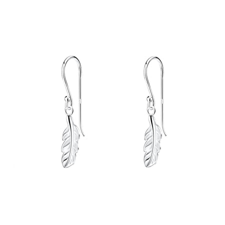 a pair of feather drop earrings with a single bead above and hook fittings silver