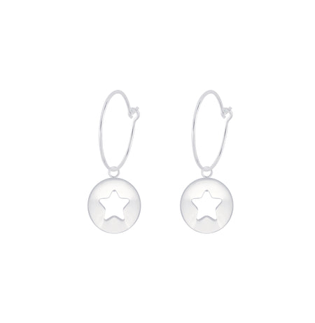 silver star round disc hoop earrings