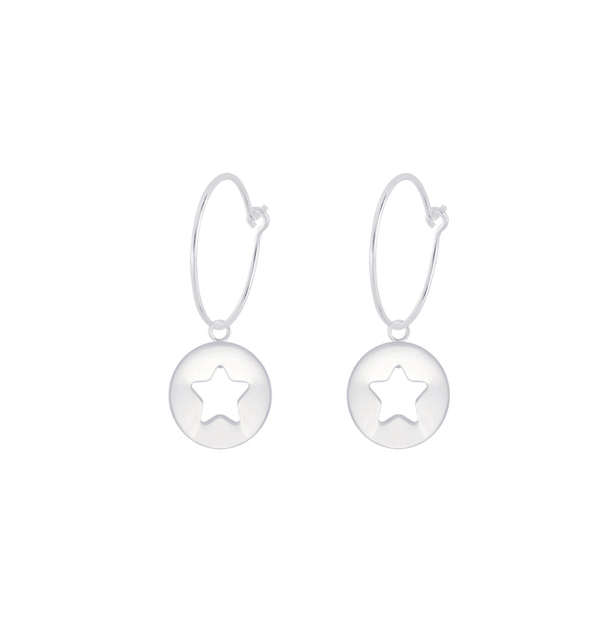 silver star round disc hoop earrings