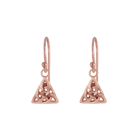 rose gold triangular celtic design drop earrings with hook fittings