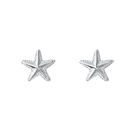 silver starfish shape stud earrings beaded edge with grooved edge lines