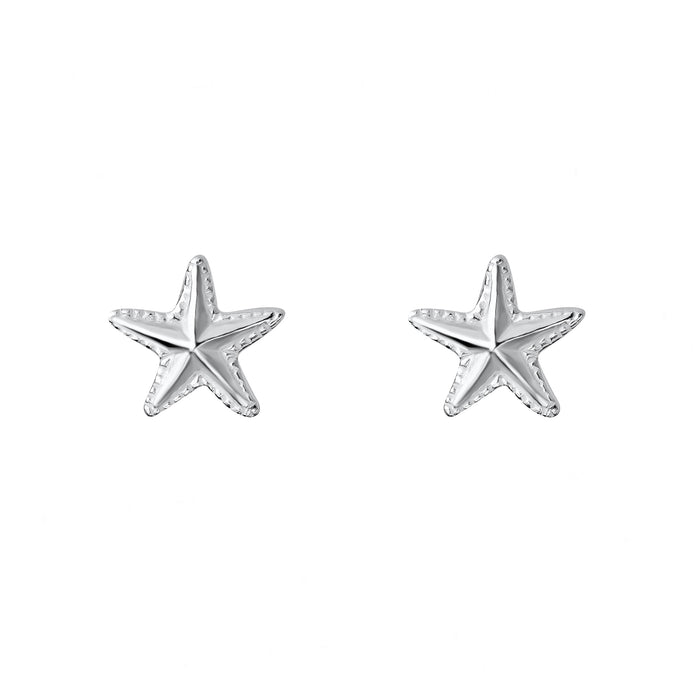 silver starfish shape stud earrings beaded edge with grooved edge lines