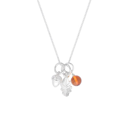 amber acorn leaf silver pendant necklace