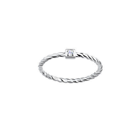 a twist design silver ring with a white cubic zirconia stone