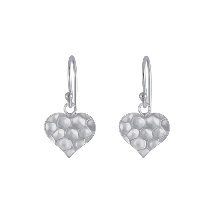 heart shaped hammered silver drop earrings
